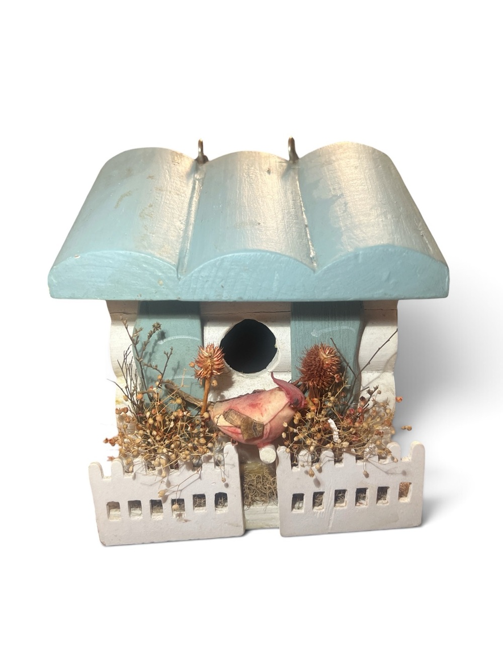 Wood Birdhouse Cottagecore Dried Floral Blue White Hanging Decor 6 Inch Vintage